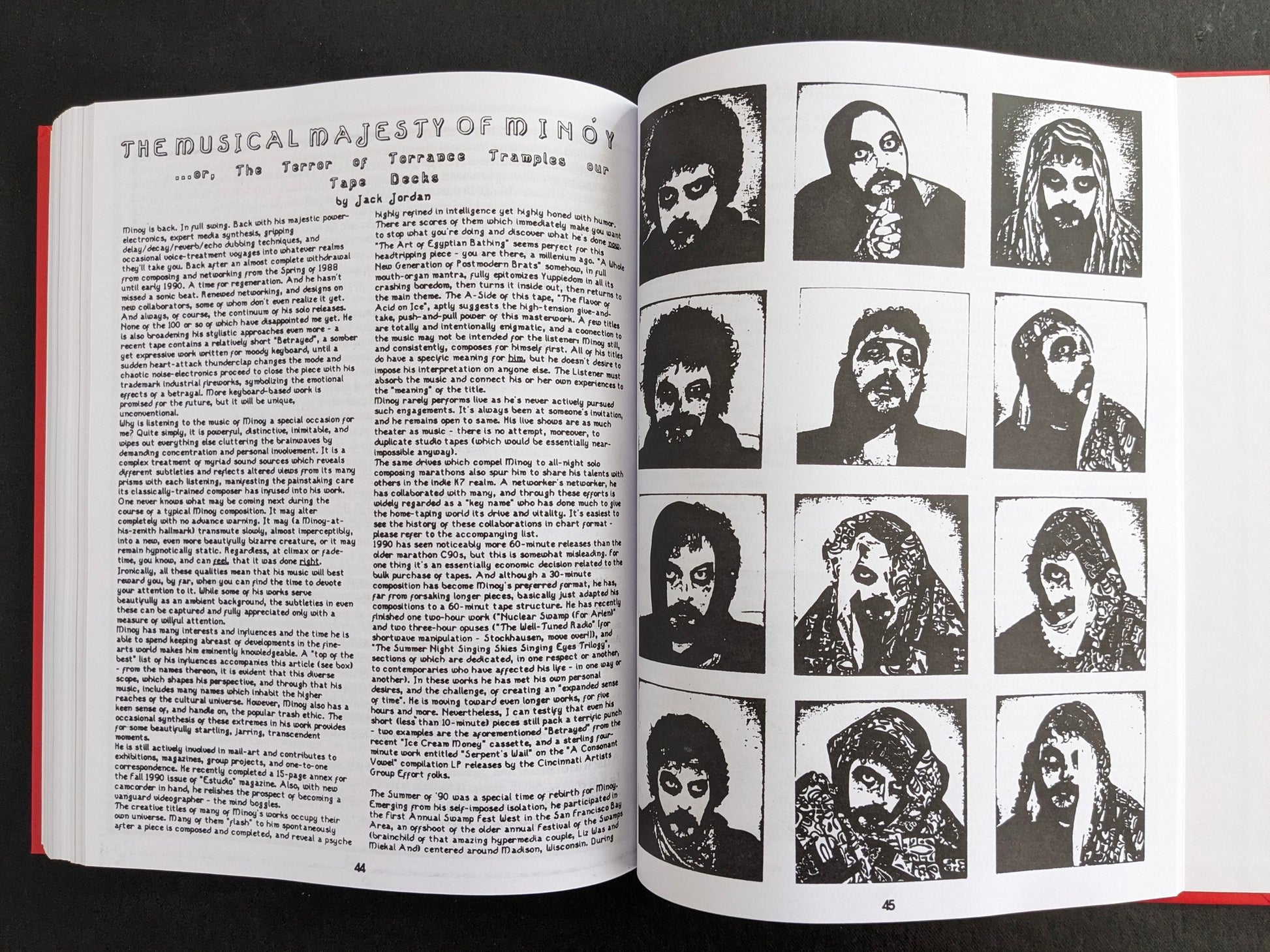 Interior spread featuring “The Musical Majesty of Minóy” with text on the left and portrait images on the right.