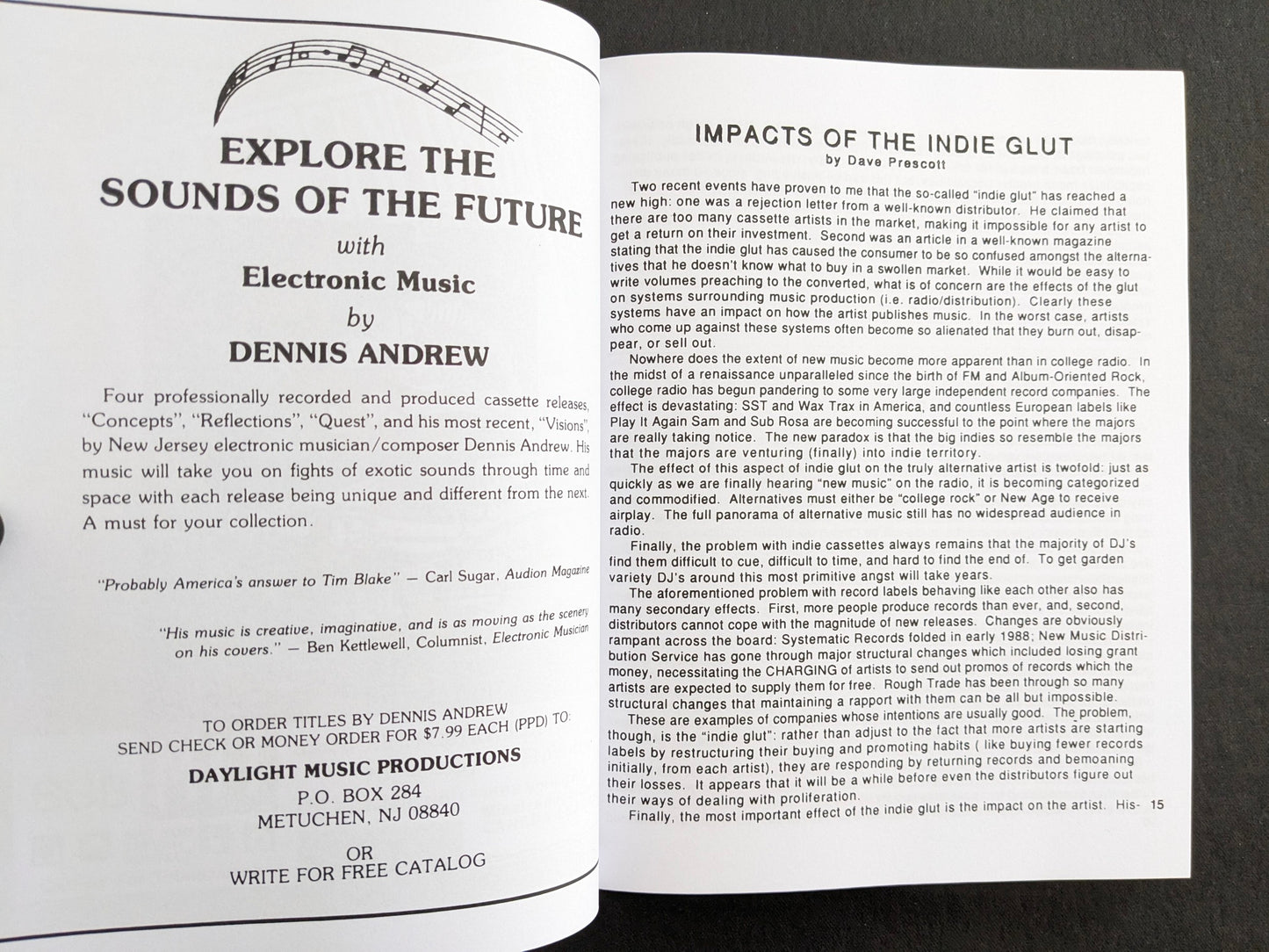 Interior spread with an advertisement on the left and the article “Impacts of the Indie Glut” by Dave Prescott on the right.