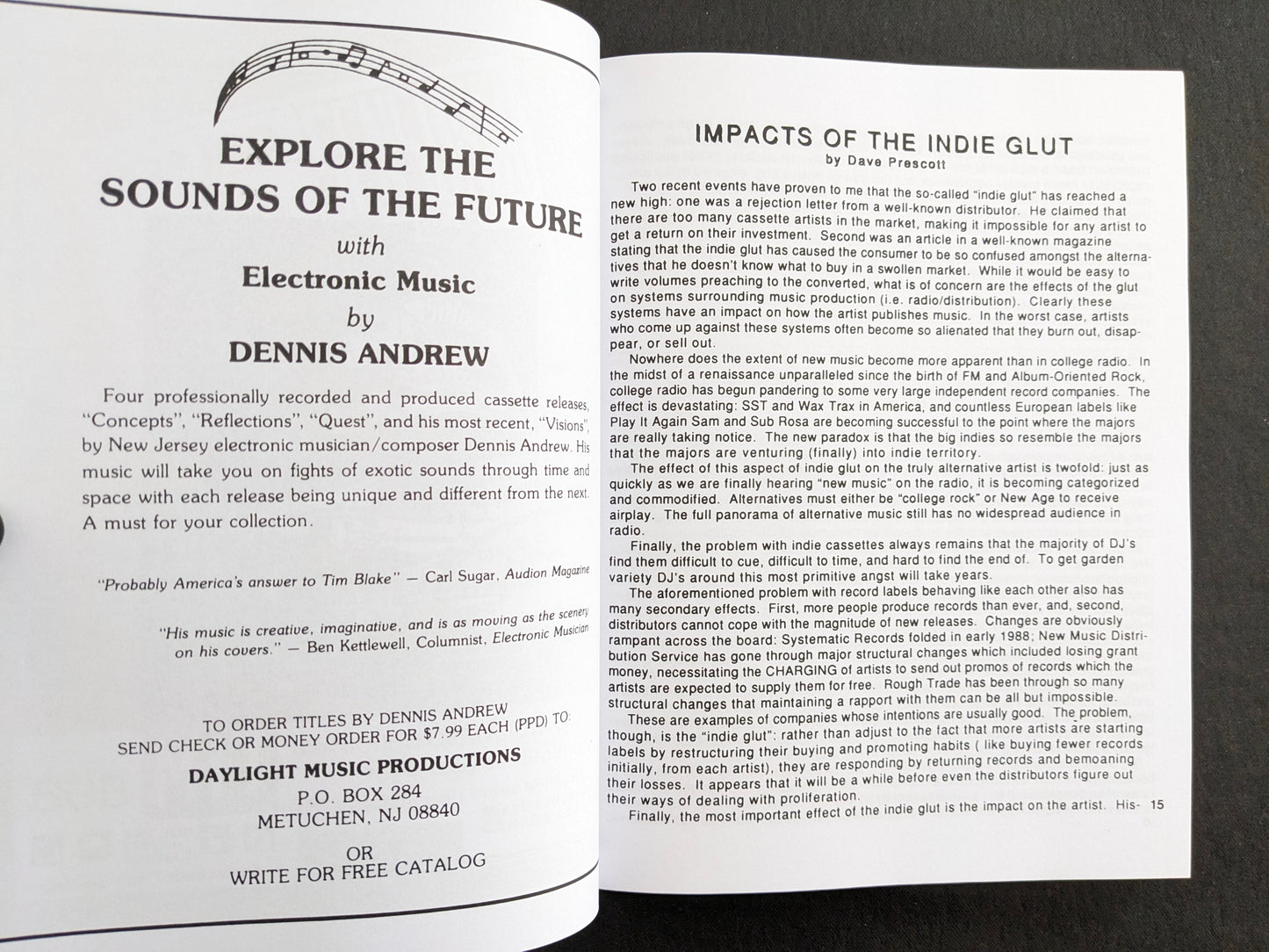 Interior spread featuring a Dennis Andrew electronic music advertisement on the left and the article “Impacts of the Indie Glut” by Dave Prescott on the right.