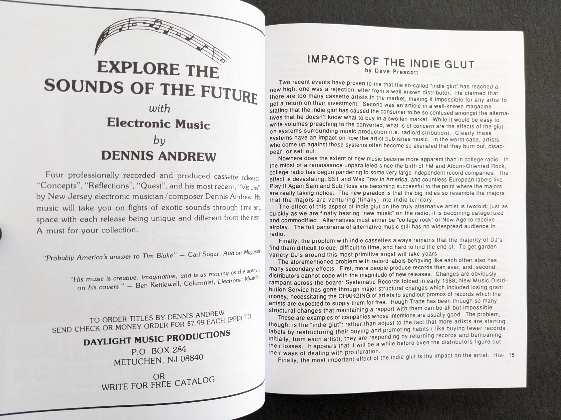 Interior spread featuring a Dennis Andrew electronic music advertisement on the left and the article “Impacts of the Indie Glut” by Dave Prescott on the right.