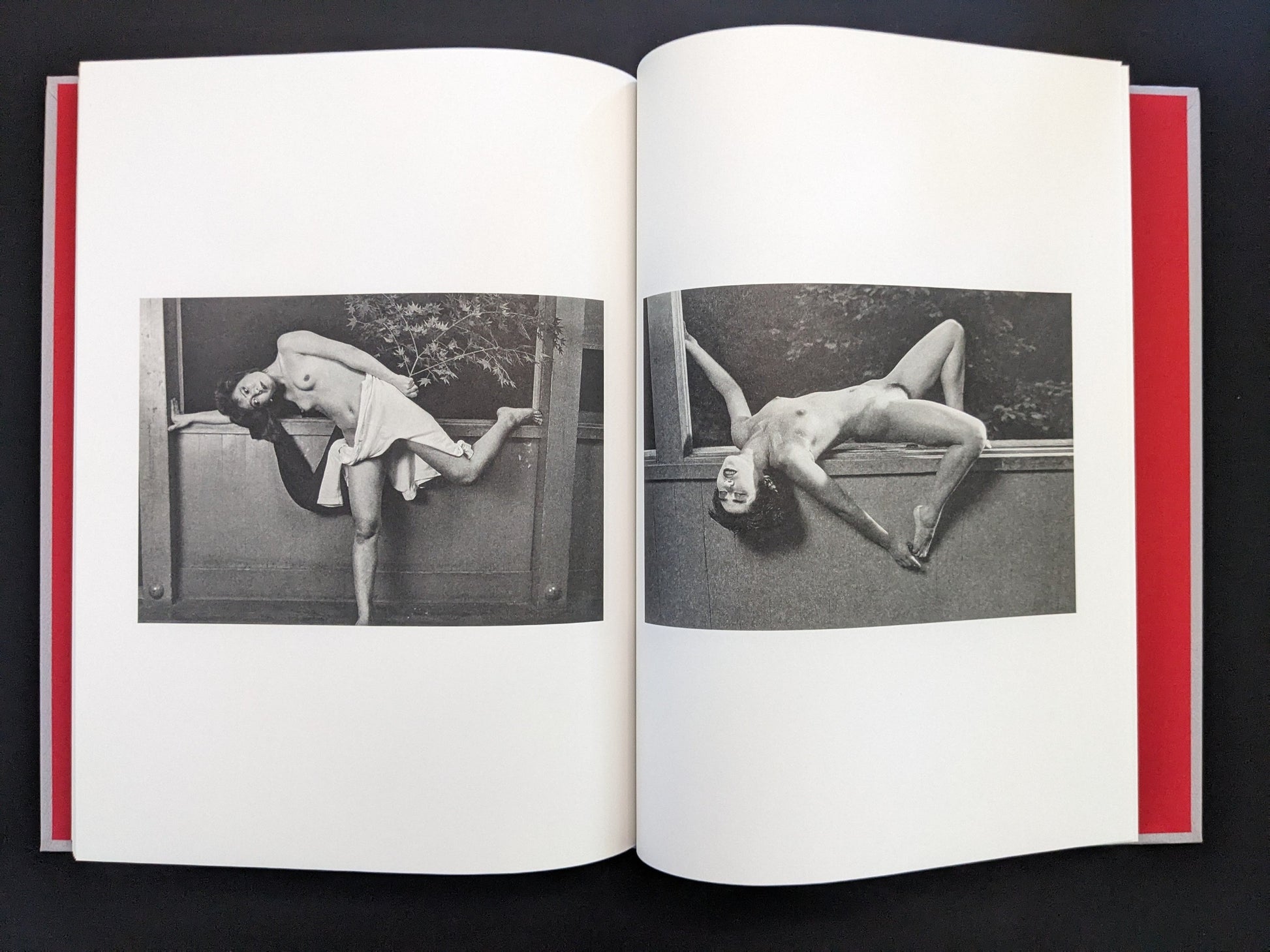 Open spread with a black-and-white nude couple in staged poses in Eros Lost.