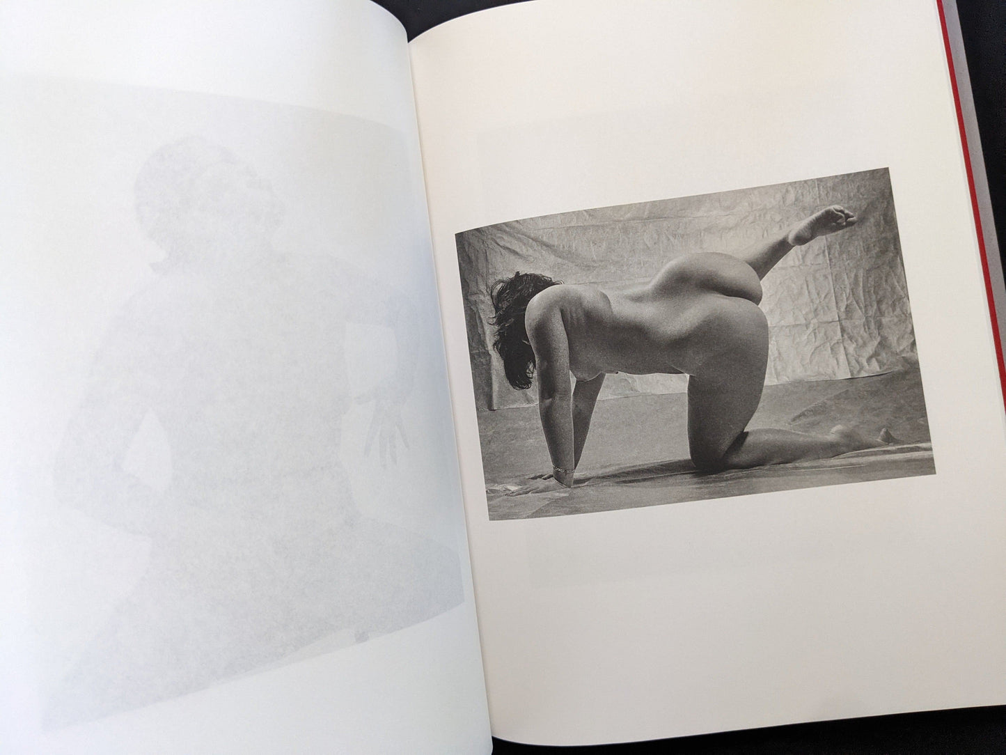 Open spread with a black-and-white nude figure posed on the right page in Eros Lost.