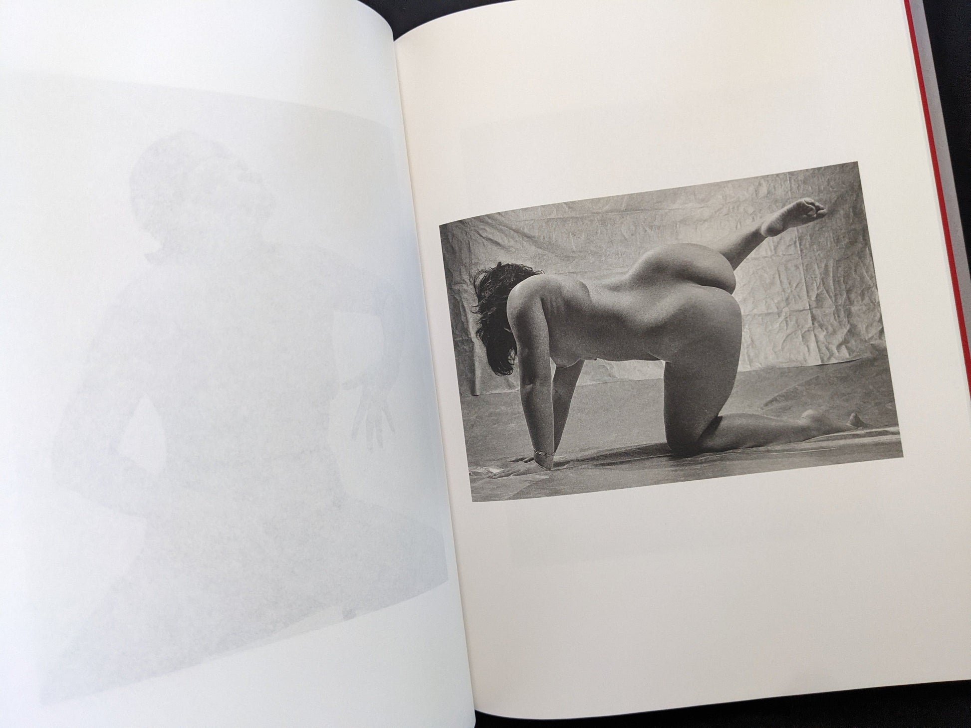 Open spread with a black-and-white nude figure posed on the right page in Eros Lost.