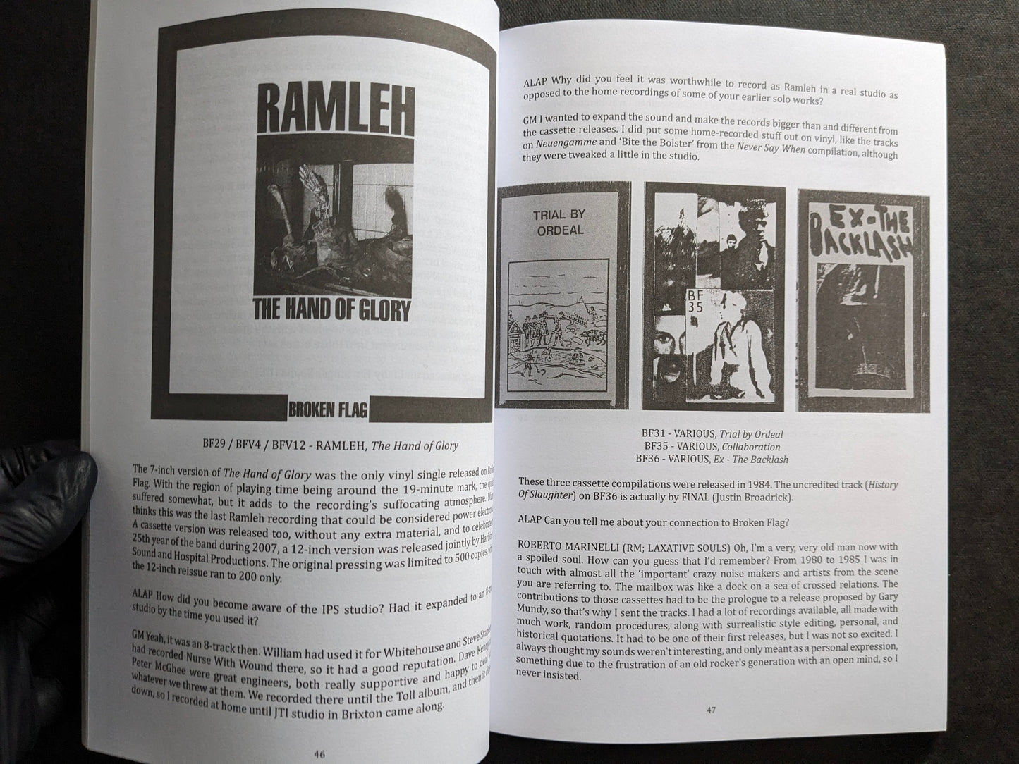 Interior spread with Ramleh’s The Hand of Glory and Broken Flag compilation releases.