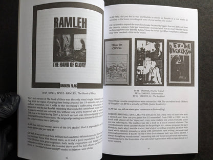Interior spread with Ramleh’s The Hand of Glory and Broken Flag compilation releases.