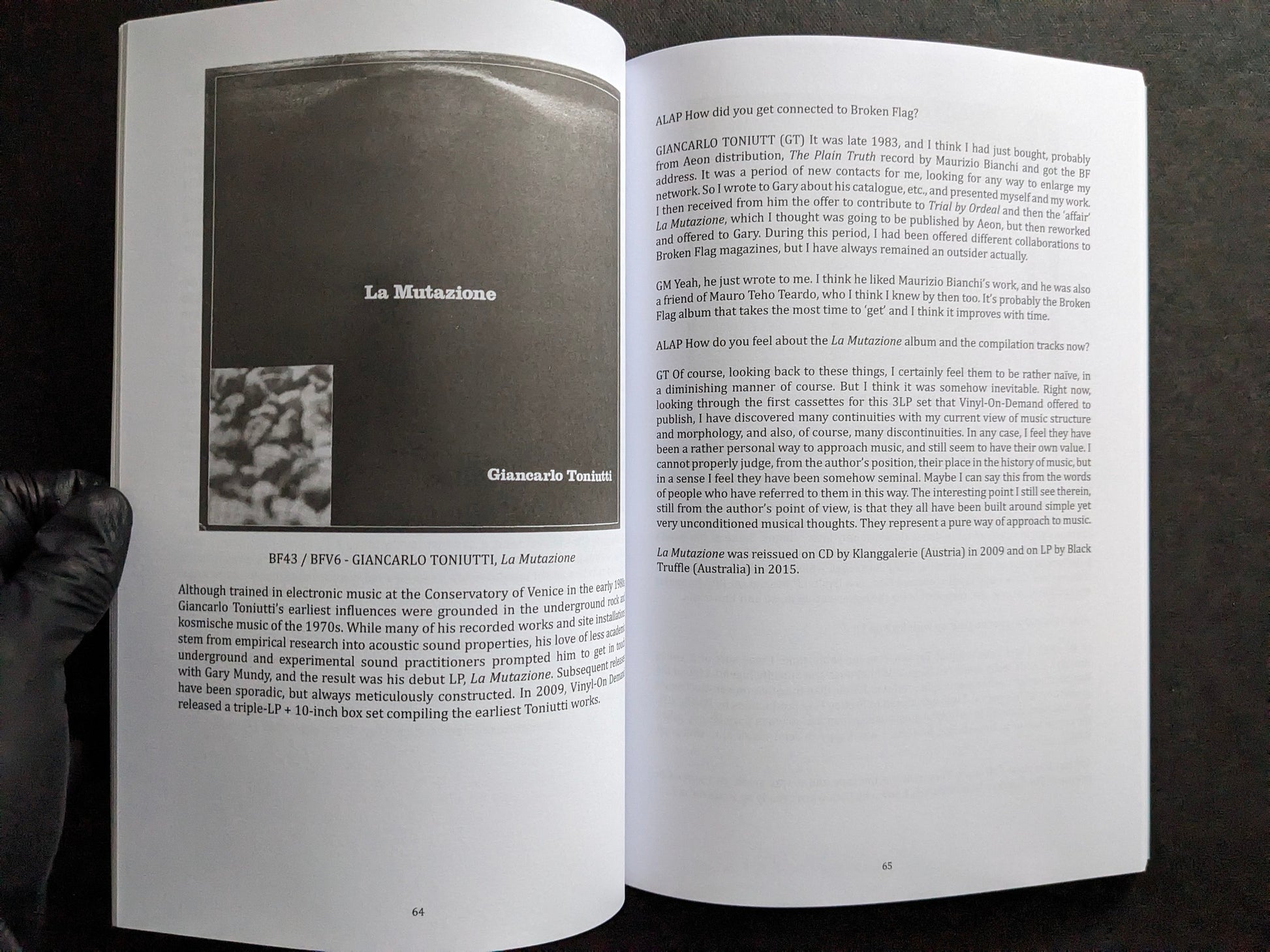 Interior spread with La Mutazione by Giancarlo Toniutti and interview text.