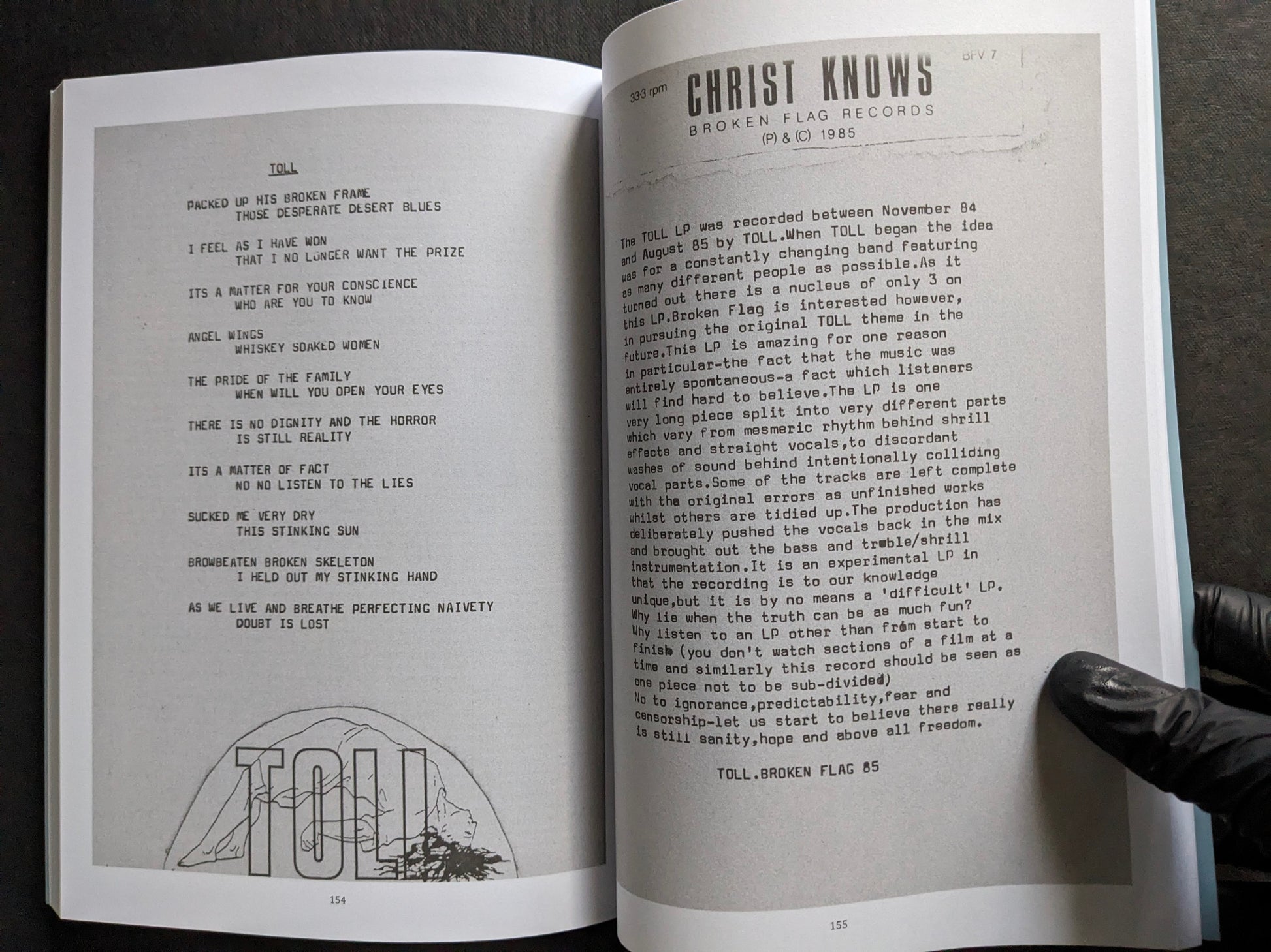 Interior spread with TOLL lyrics and a review of Christ Knows.