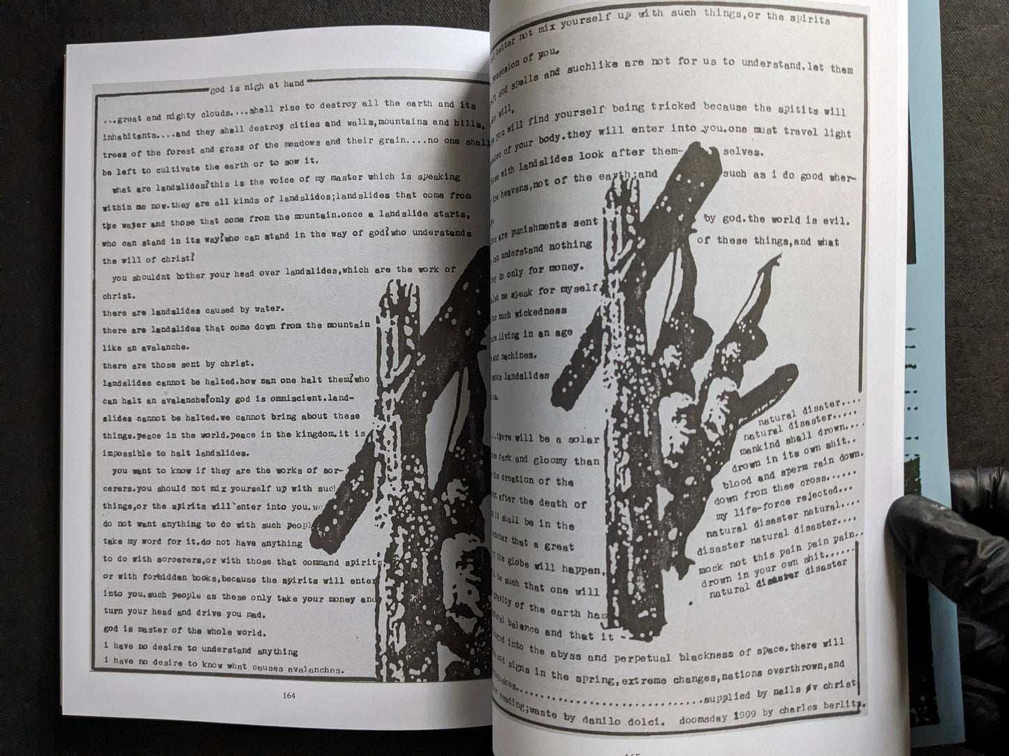 Interior spread with dense typewritten text and black-and-white artwork.