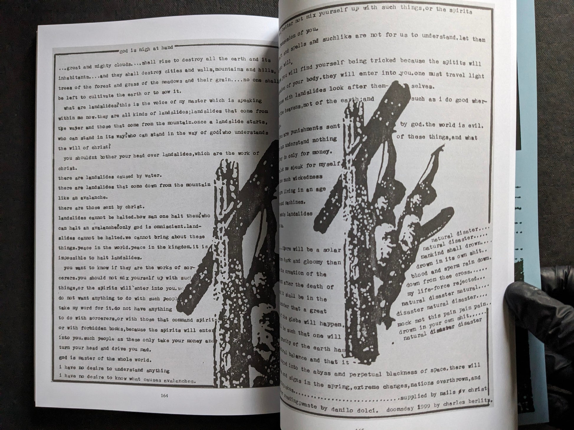 Interior spread with dense typewritten text and black-and-white artwork.