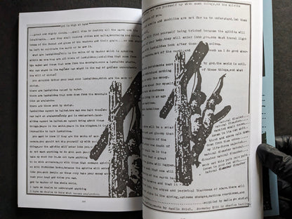 Interior spread with dense typewritten text and black-and-white artwork.