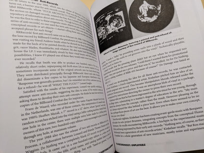 Interior of 'Extreme Music' describing RRRrecords' anti-records and packaging experiments with embedded objects.