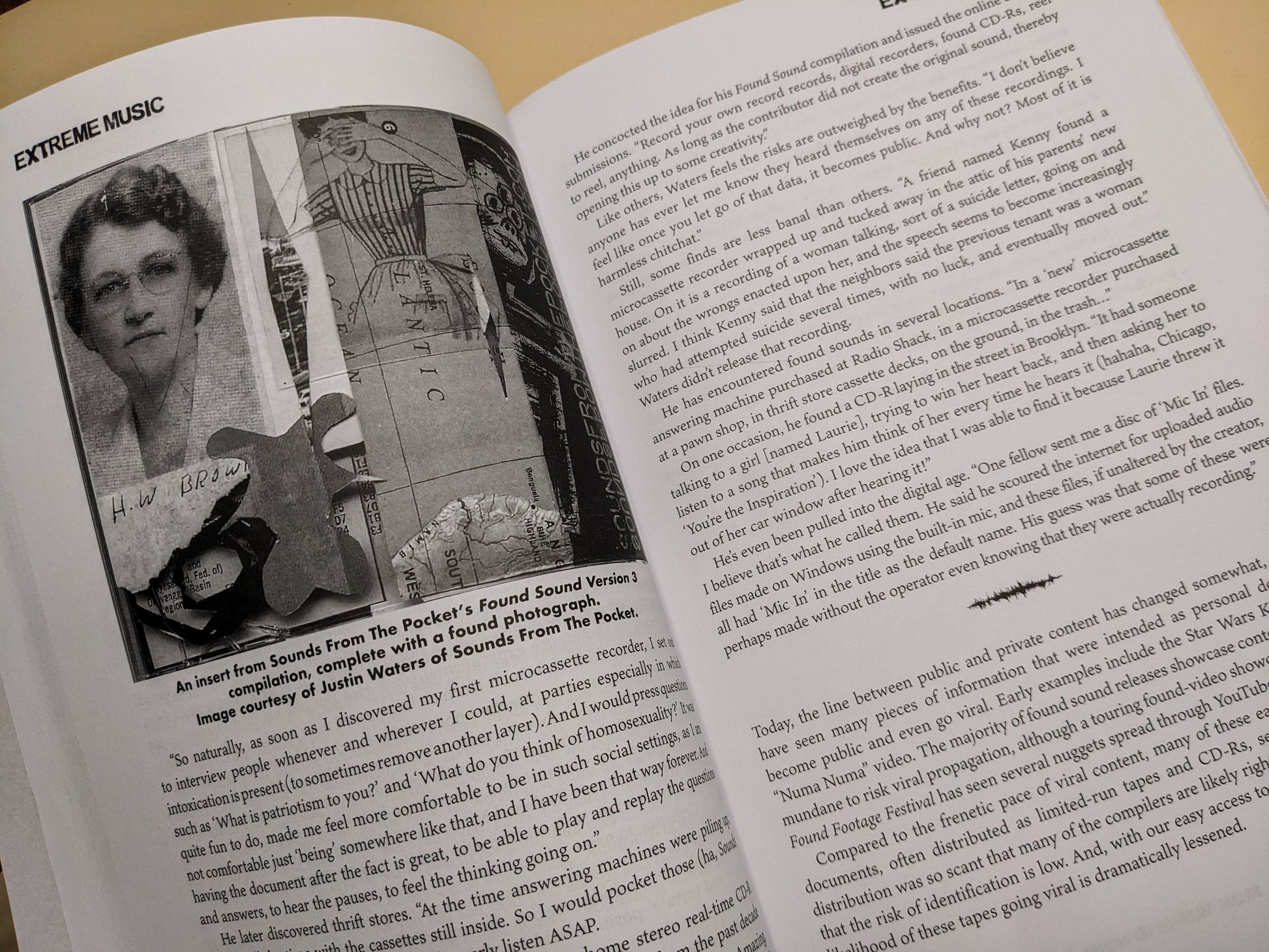 Interior page from 'Extreme Music' with found photo collage and text on microcassette recordings and public vs private sound.