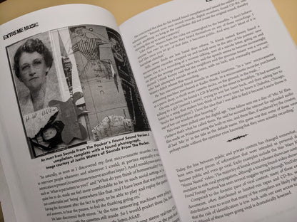 Interior page from 'Extreme Music' with found photo collage and text on microcassette recordings and public vs private sound.