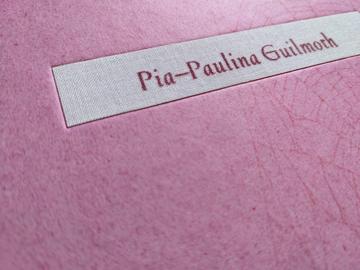 Close-up of the fabric nameplate reading Pia-Paulina Guilmoth on the pink cover.