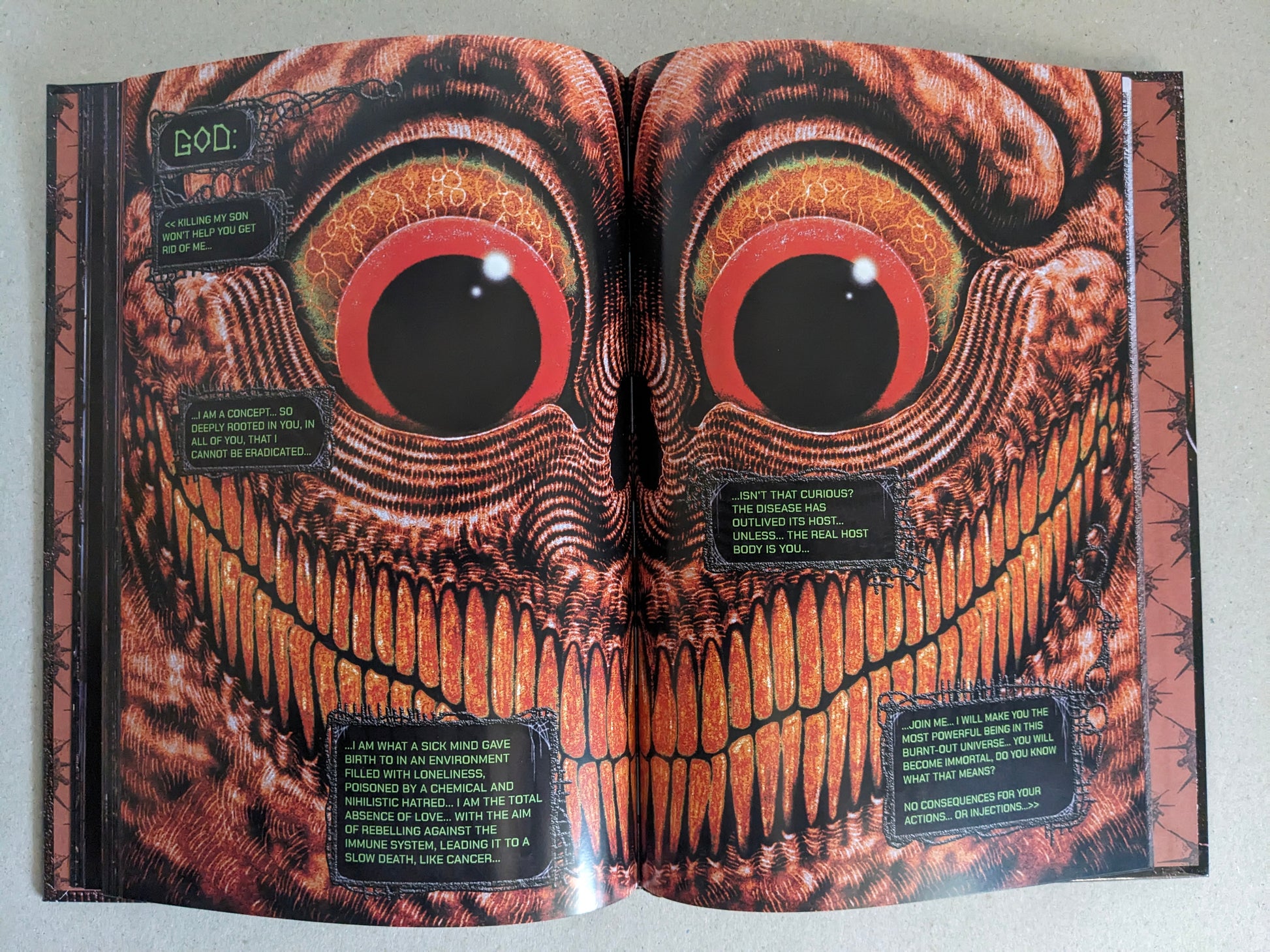 Final Fentanyl by Fatgomez (Hollow Press) – interior spread with large grinning face and dialogue boxes.