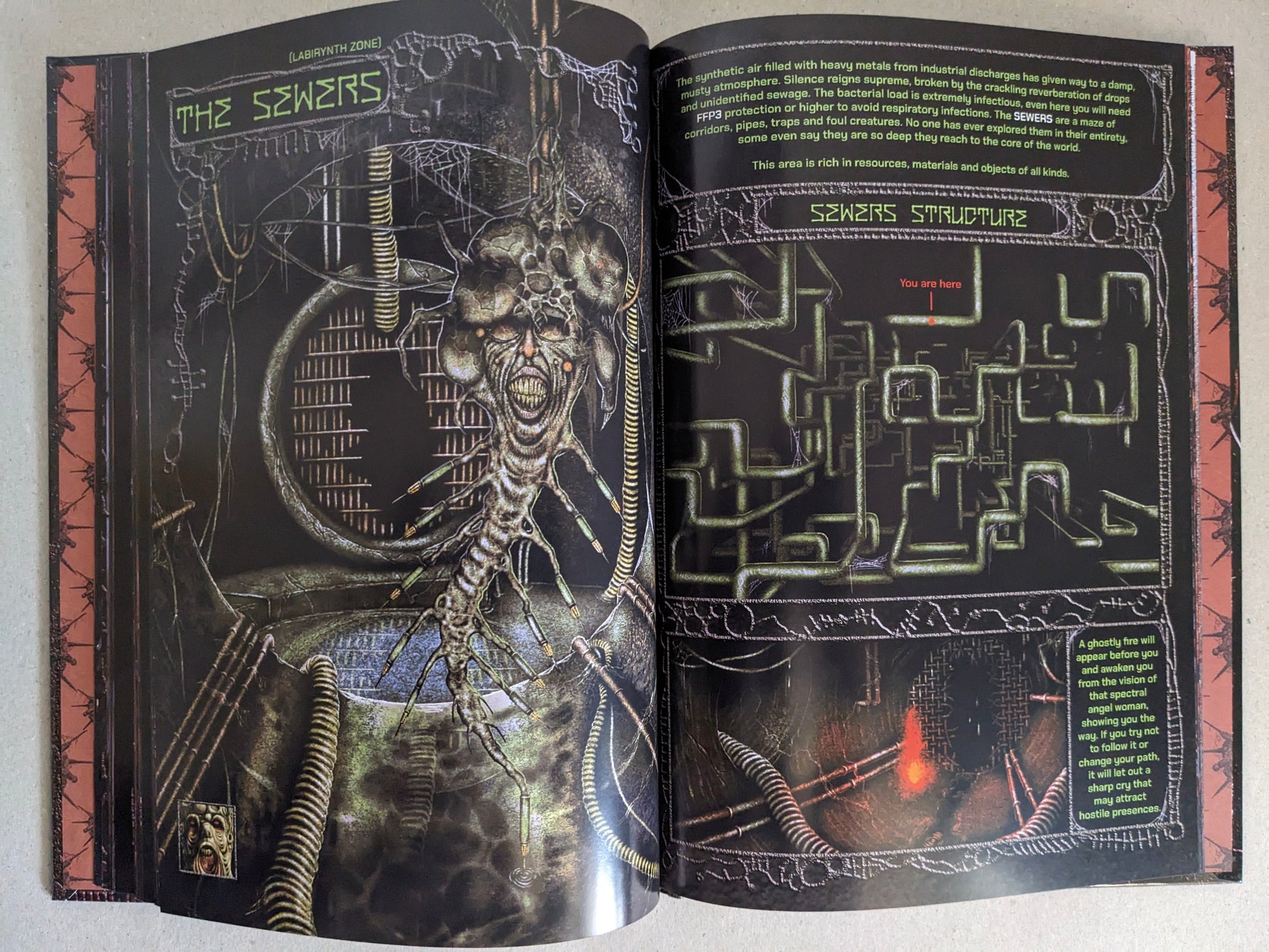 Final Fentanyl by Fatgomez (Hollow Press) – interior spread with “the sewers” scene and sewers structure map.