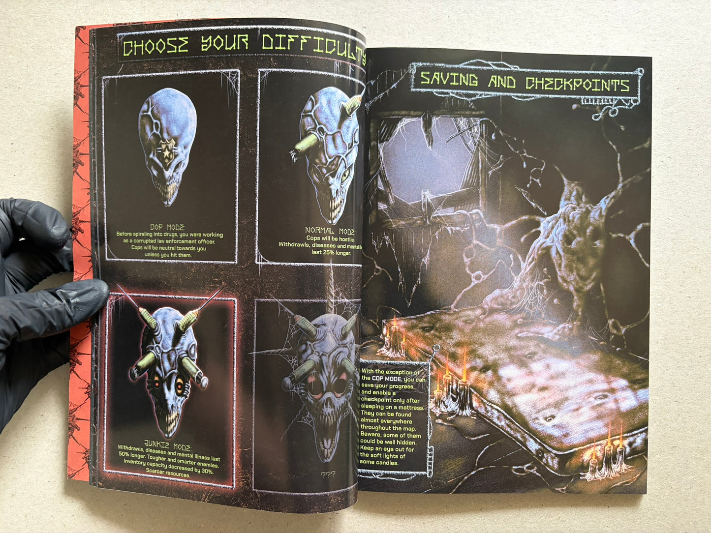 Interior spread of Final Fentanyl with difficulty selection, checkpoints, and a candle-lit scene.