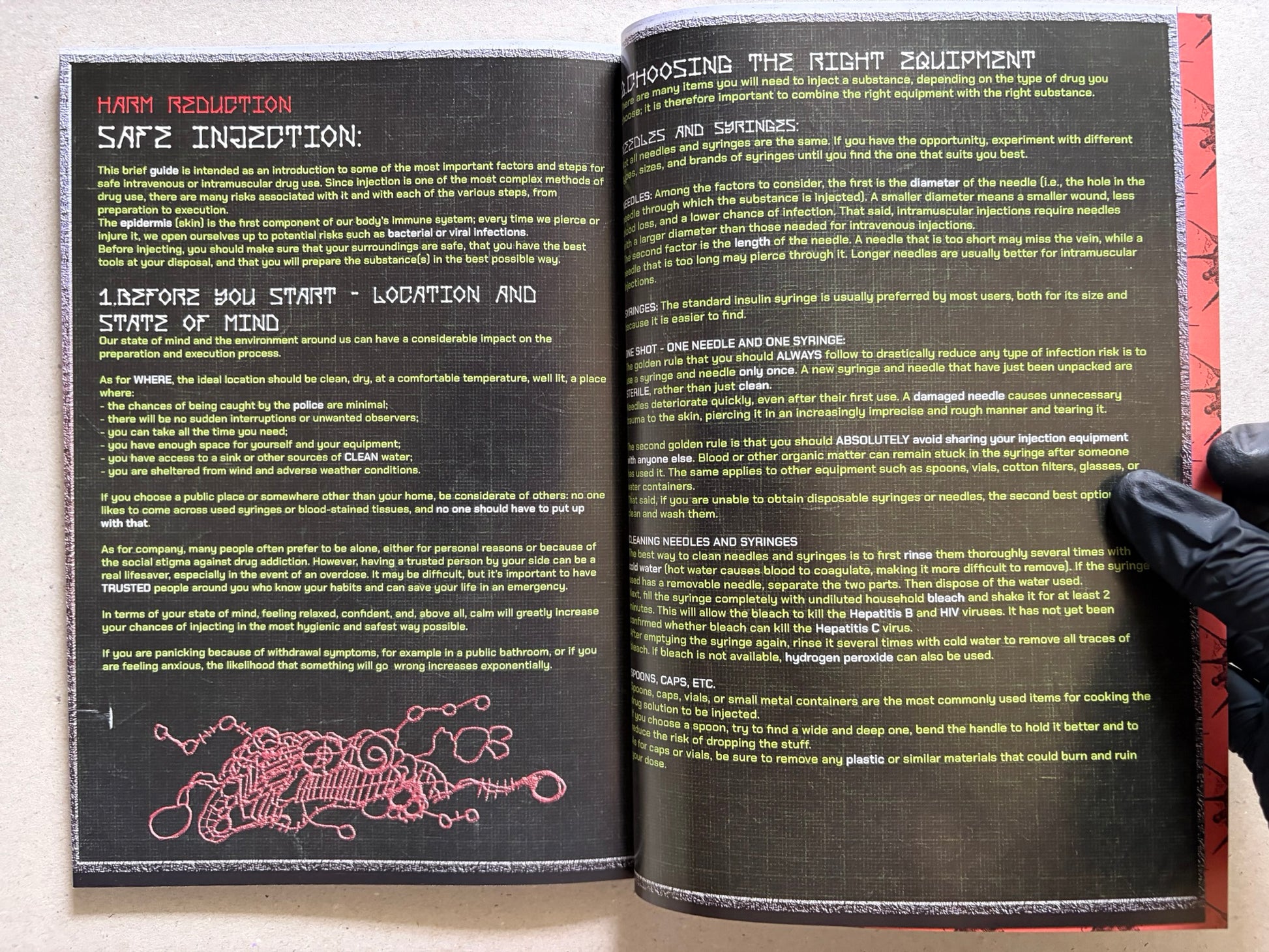 Interior spread of Final Fentanyl showing safe injection guidance and equipment selection text.