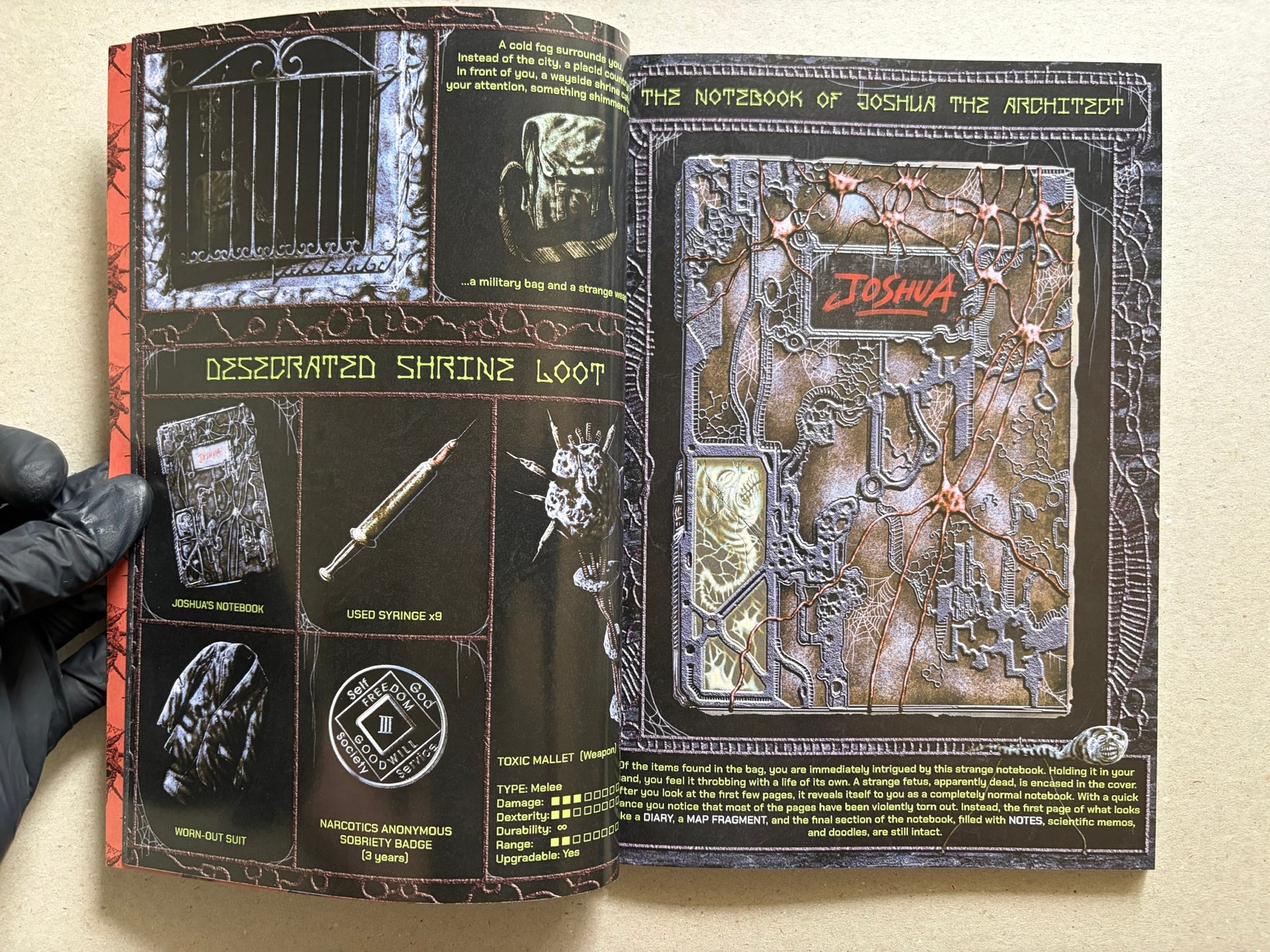 Interior spread of Final Fentanyl showing game-book pages with illustrated inventory and notebook-style panels.