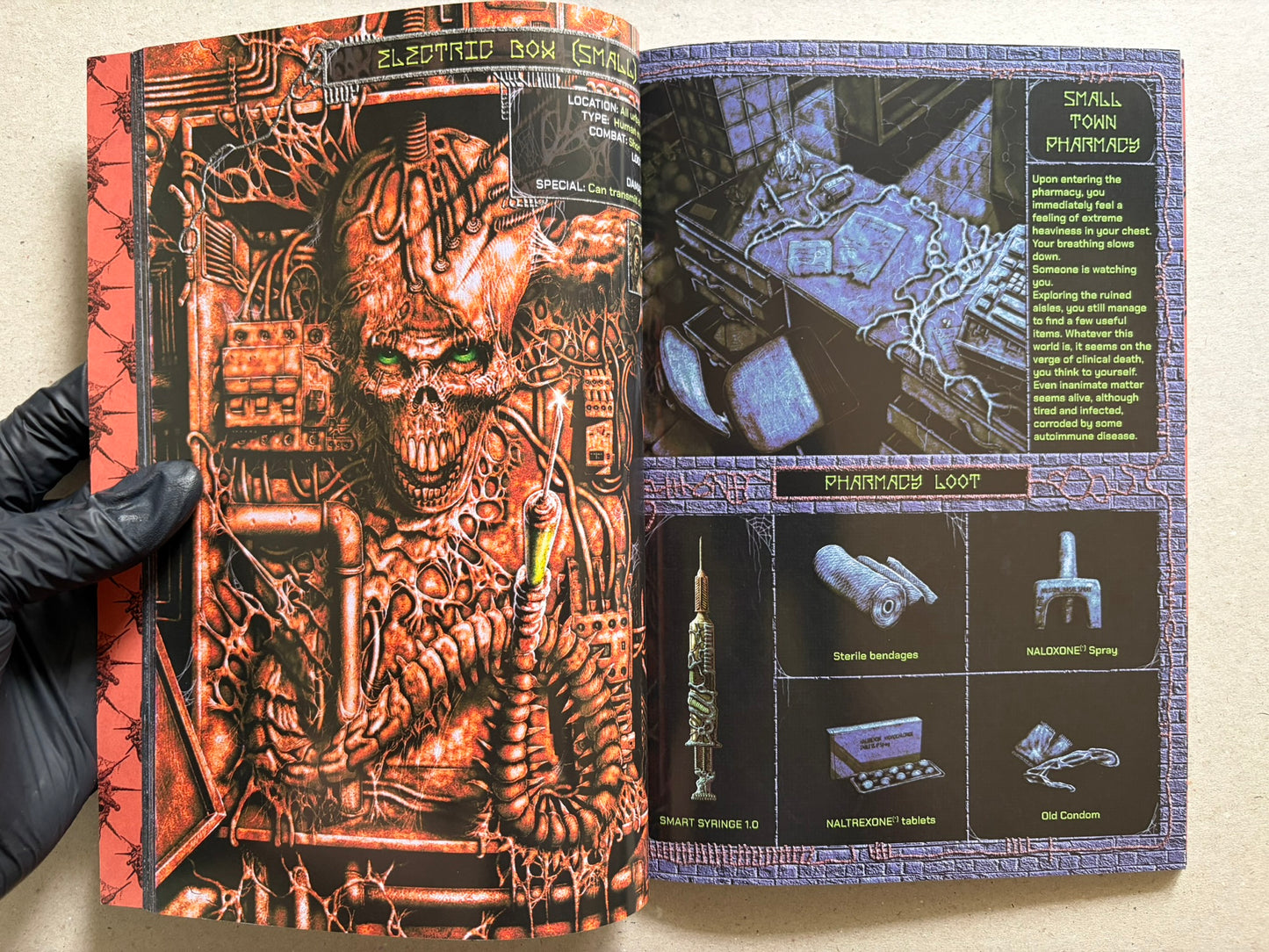 Interior spread of Final Fentanyl with a pharmacy scene and a page of harm-reduction items.