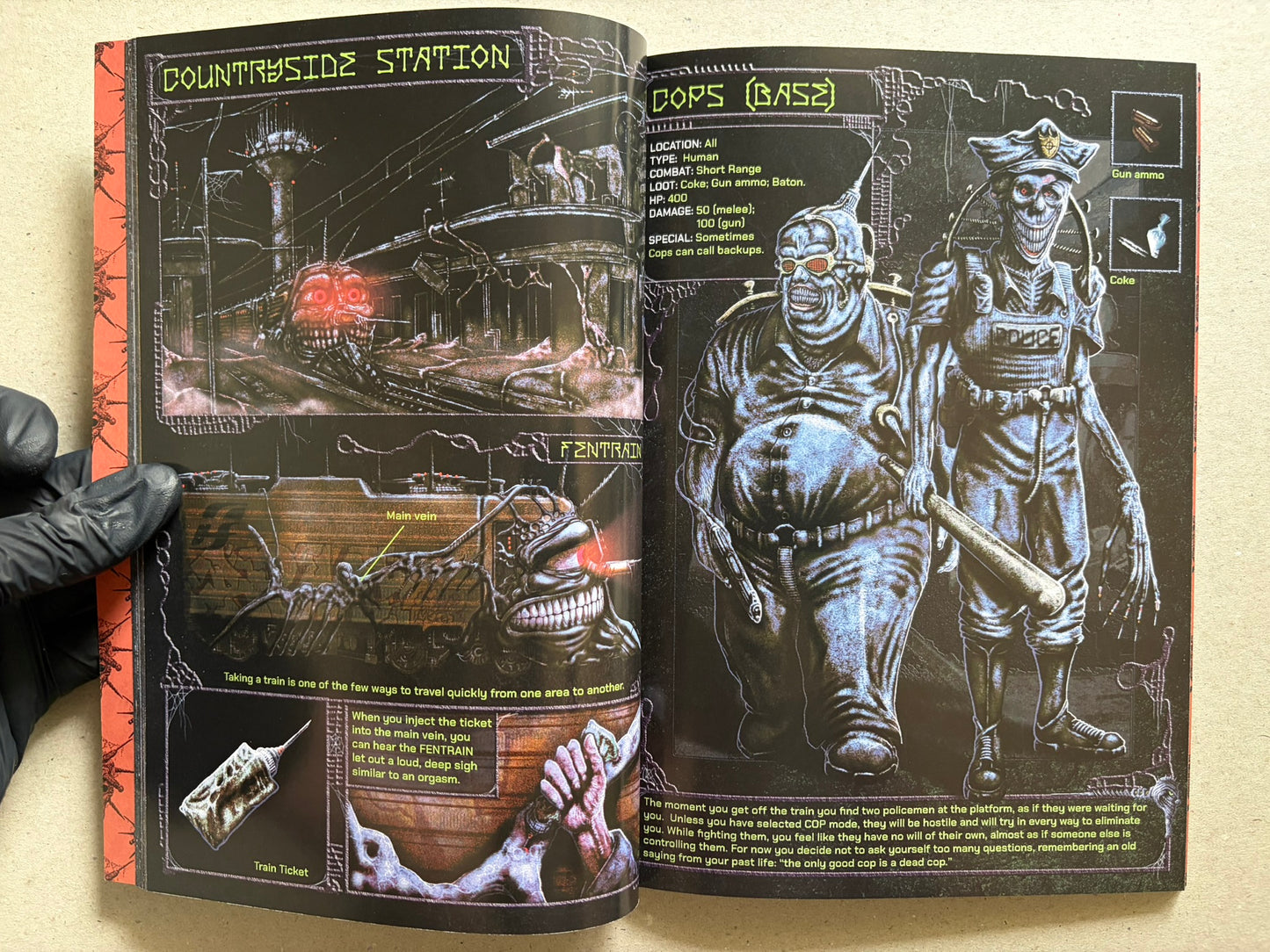 Interior spread of Final Fentanyl showing a countryside station, cops, and item icons.