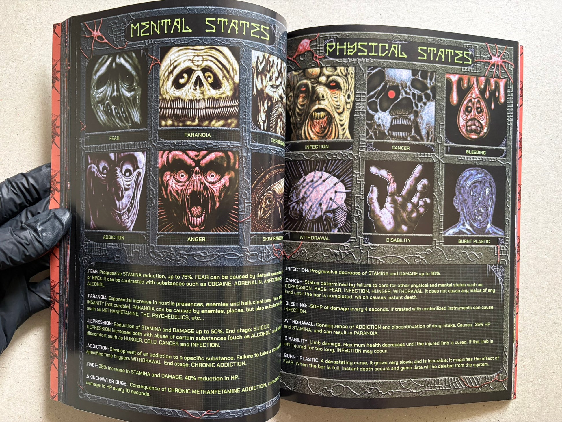 Interior spread of Final Fentanyl showing mental and physical status icons, including fear, paranoia, infection, and bleeding.