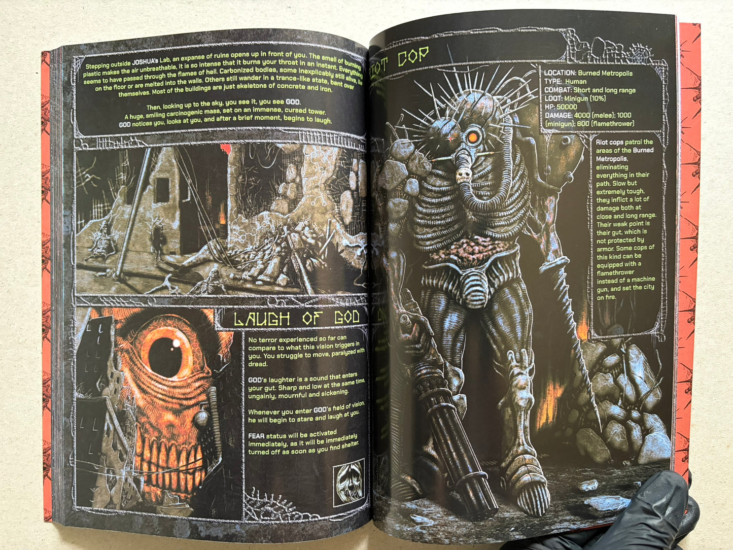 Interior spread of Final Fentanyl with text-heavy pages, a skeletal figure, and a large armored character.
