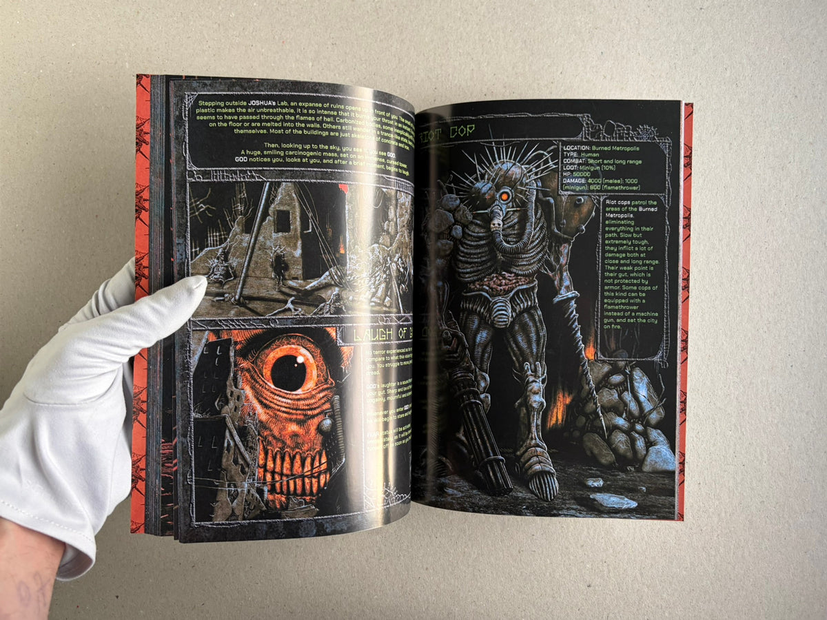 Final Fentanyl softcover open to a spread showing a foggy roadside scene and a masked figure with a pitchfork.