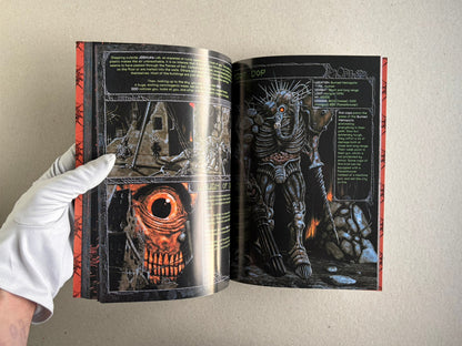 Final Fentanyl softcover open to a spread showing a foggy roadside scene and a masked figure with a pitchfork.