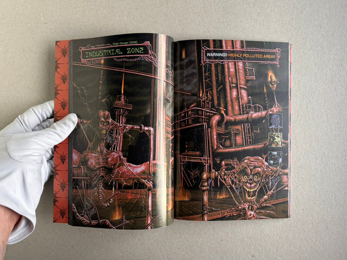 Final Fentanyl softcover open to a spread showing an industrial zone with two grotesque figures.