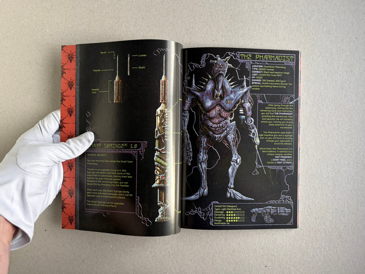 Final Fentanyl softcover open to a spread showing a syringe diagram and The Pharmacist character page.