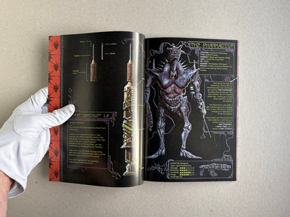 Final Fentanyl softcover open to a spread showing a syringe diagram and The Pharmacist character page.