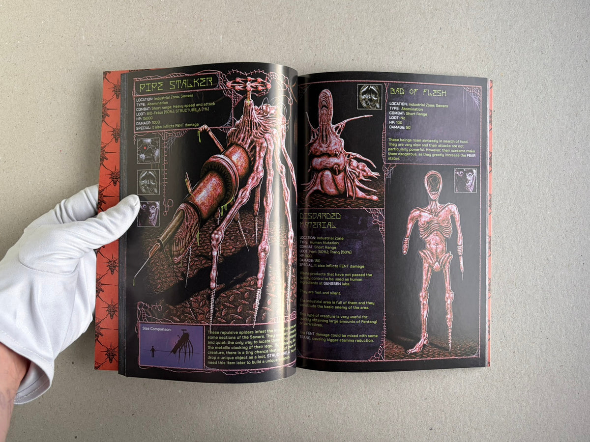Final Fentanyl softcover open to a spread showing Pipe Stalker, Bag of Flesh, and Discarded Material.