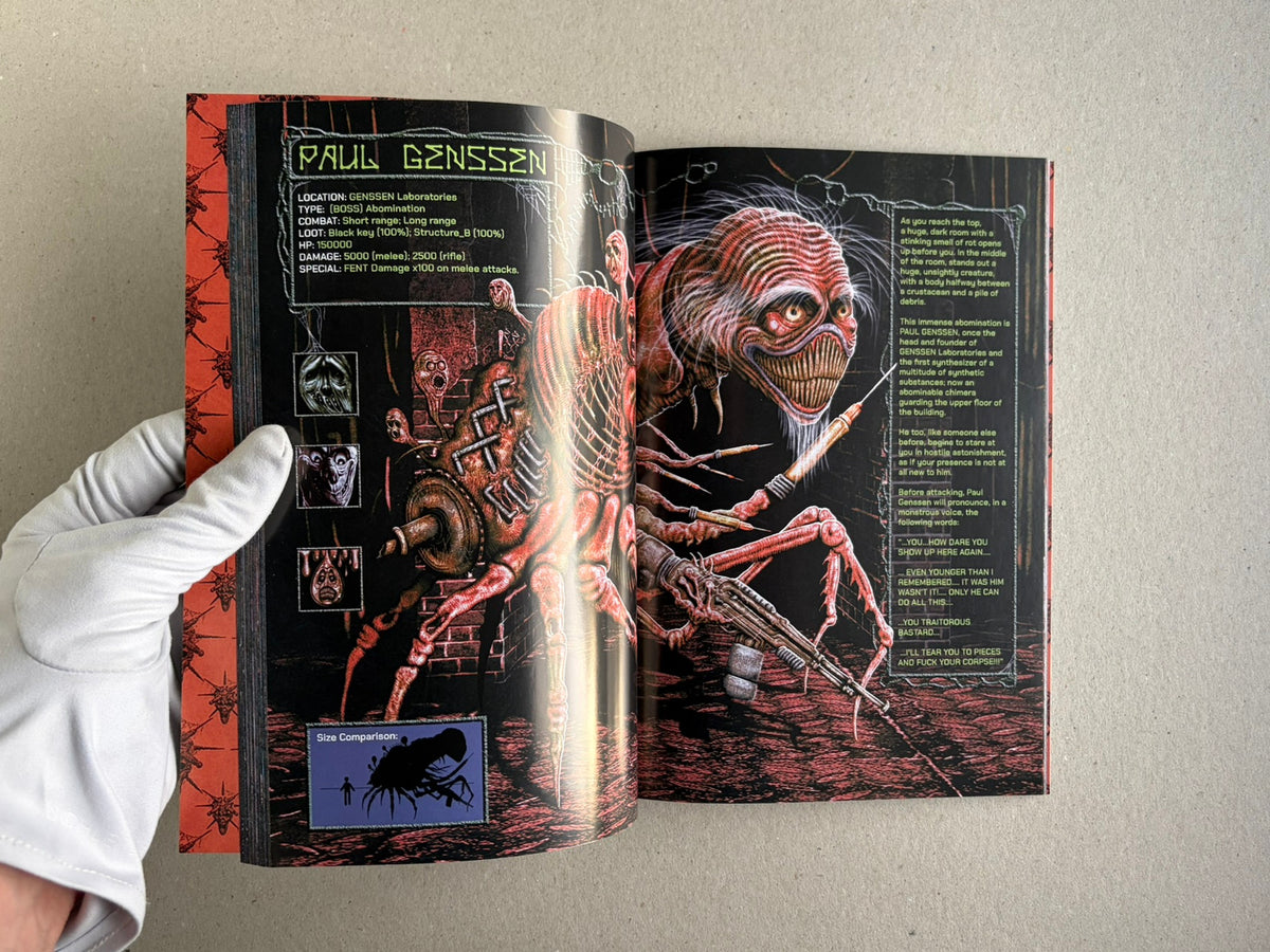 Final Fentanyl softcover open to a spread showing the character page for Paul Genssen.