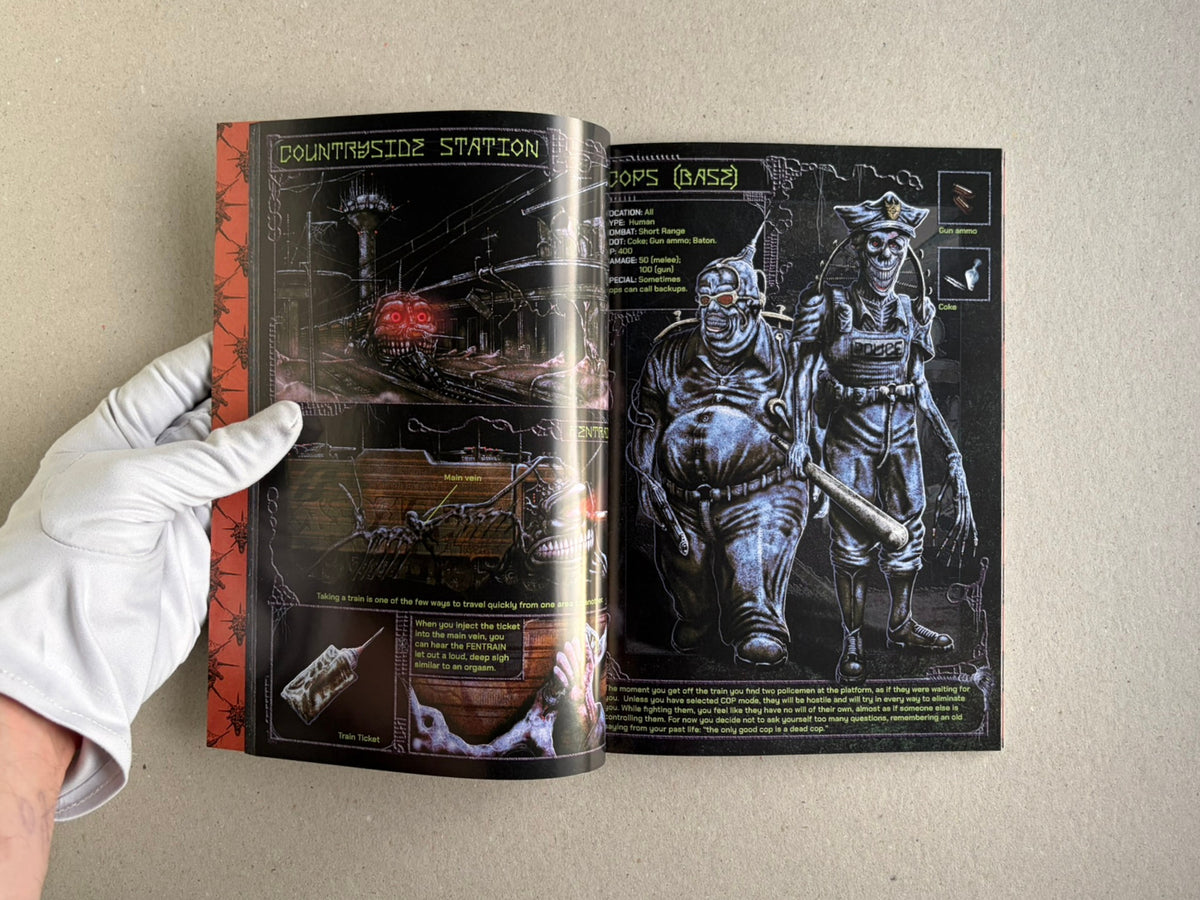 Final Fentanyl softcover open to a spread with a gloved hand holding the book and illustrated game-book pages.