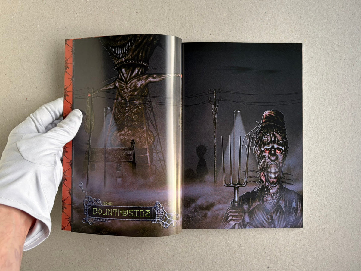 Final Fentanyl softcover open to a spread showing the Countryside zone and a figure holding a pitchfork.