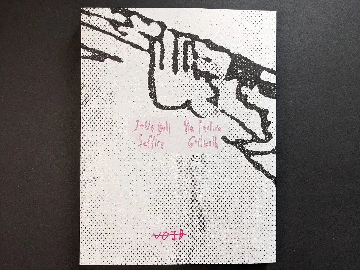Back cover with a halftone drawing of a bent figure and pink handwritten names on a white field.