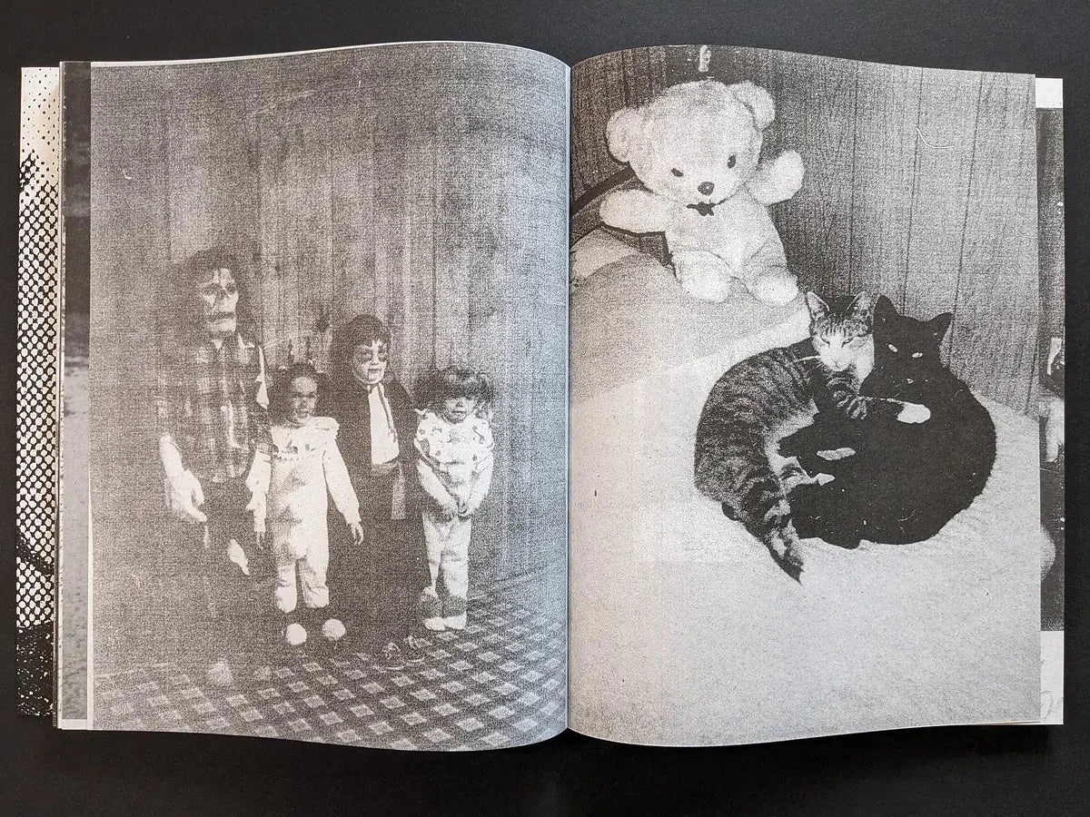 Interior spread with a vintage group portrait of children on the left and two cats curled beside a toy bear on the right.