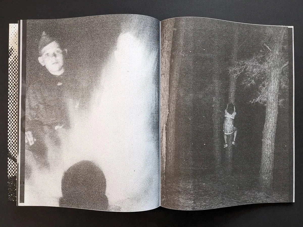 Interior spread showing a grainy portrait fading into smoke on the left and a figure climbing a tree in the dark forest.