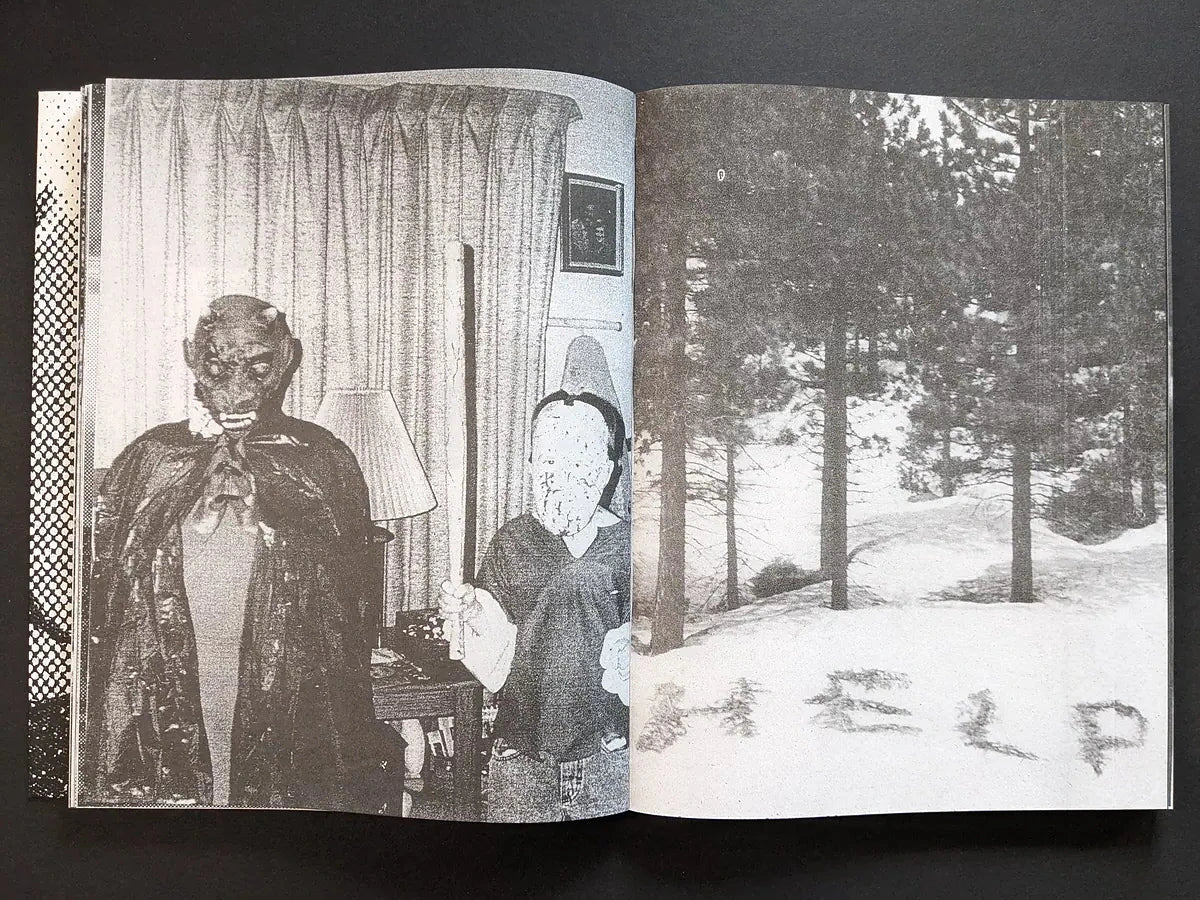 Interior spread pairing a grainy living-room portrait of two people on the left and a snowy forest with tall trees on the right.