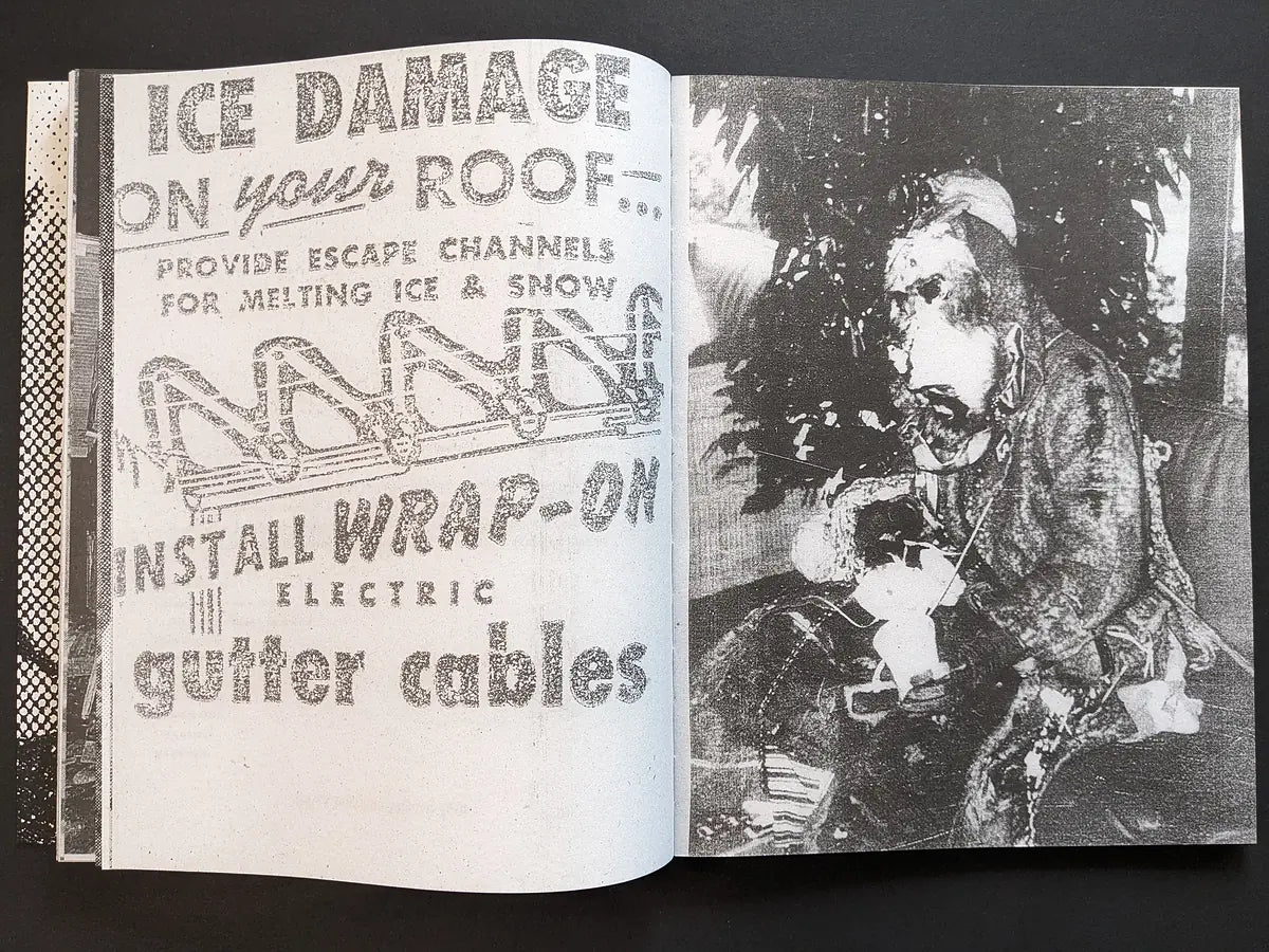 Interior spread combining an advertisement about ice damage and electric gutter cables with a degraded portrait of a seated person holding a toy.