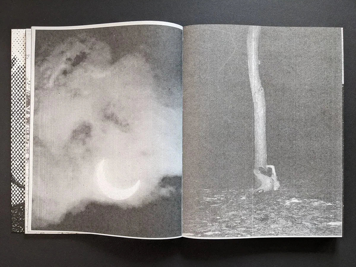 Interior spread with a hazy crescent moon in clouds and a lone figure sitting under a tree.