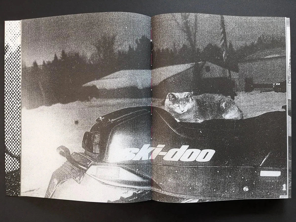 Interior spread showing a grainy black-and-white snowmobile scene with a cat in the vehicle at night.