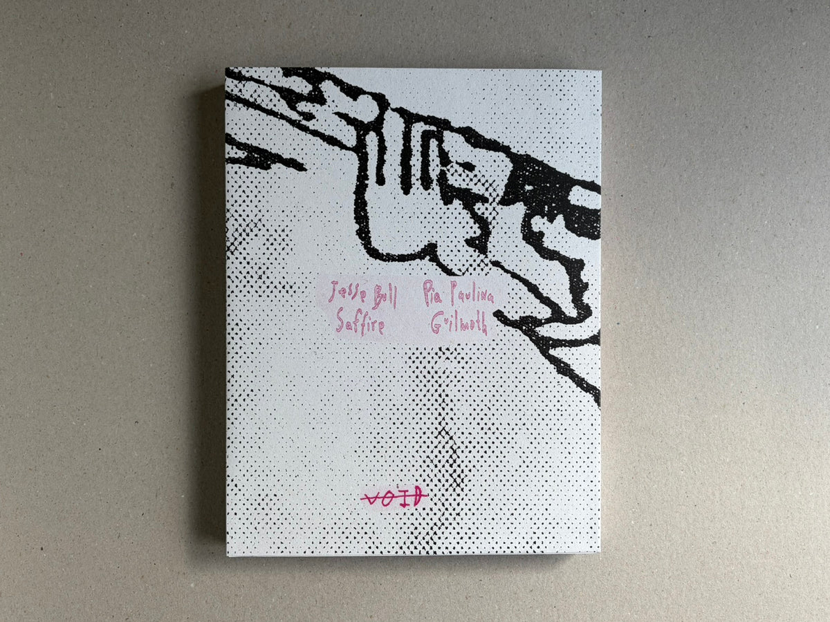 Fishworm by Pia Paulina Guilmoth and Jesse Bull Saffire, front cover with black-and-white halftone graphic and pink handwritten title text.