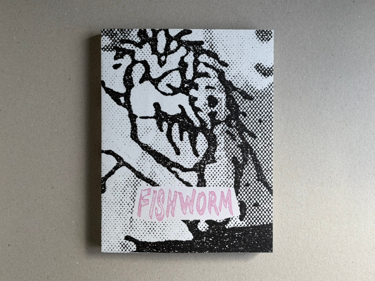 Fishworm by Pia Paulina Guilmoth and Jesse Bull Saffire, front cover with black-and-white halftone artwork and pink title text.