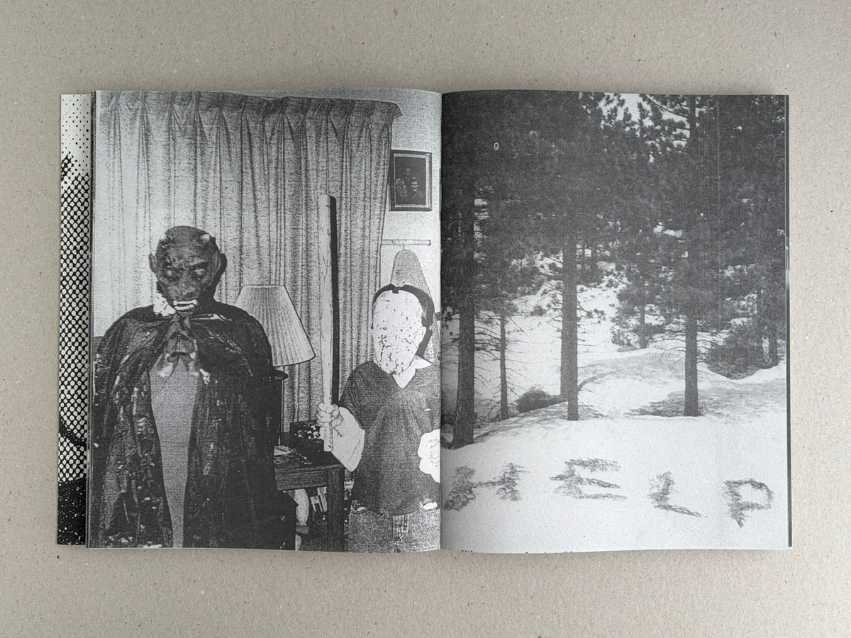 Open spread from Fishworm by Pia Paulina Guilmoth and Jesse Bull Saffire: a black-and-white interior scene on the left and a snowy forest on the right.