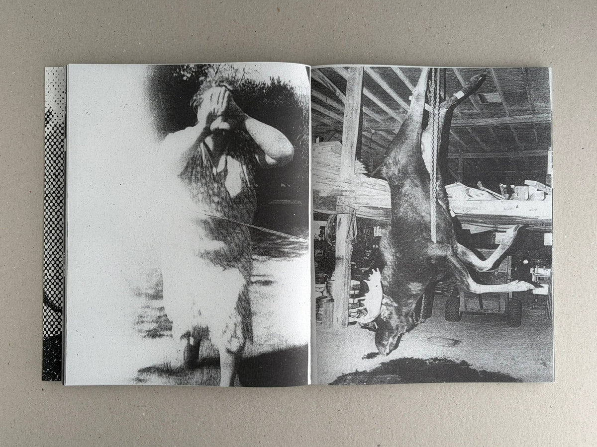 Fishworm by Pia Paulina Guilmoth and Jesse Bull Saffire, open black-and-white spread with a blurred figure on the left page and a hanging animal carcass in a workshop on the right.