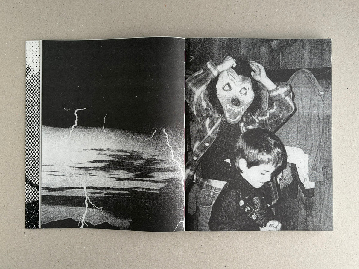 Open spread of Fishworm by Pia Paulina Guilmoth and Jesse Bull Saffire, showing a black-and-white image on the left page and a grainy black-and-white photograph on the right page.