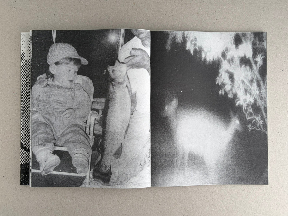 Open spread from Fishworm by Pia Paulina Guilmoth and Jesse Bull Saffire, showing a black-and-white photograph of a child holding a fish on the left and an abstract light-filled image on the right.