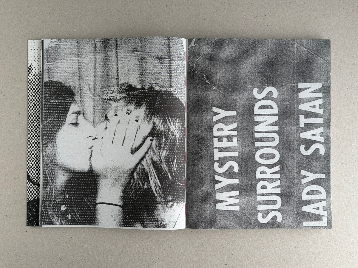 Open spread from Fishworm by Pia Paulina Guilmoth and Jesse Bull Saffire, showing a black-and-white halftone portrait on the left and large vertical text on the right.